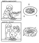  comic commentary english food frying_pan glasses long_hair mariel_cartwright monochrome self-portrait shirt simple_background white_background 