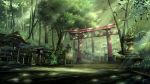  building forest highres nature niko_p no_humans original scenery shrine signature stairs torii tree 