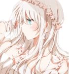  1girl aqua_eyes blonde_hair bracelet dress earrings flower_wreath hand_in_hair hiro_(hirohiro31) jewelry original solo upper_body white_dress 