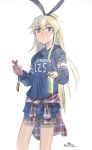  1girl blonde_hair bow brown_eyes casual cellphone clothes_around_waist contemporary hair_bow hairband highres hoodie jacket_around_waist kantai_collection long_hair phone plaid shimakaze_(kantai_collection) shirt shorts simple_background smartphone solo suzumaru tied_shirt twitter_username white_background 