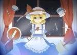  1girl apron arms_behind_back blonde_hair book cup curtains dress elbow_gloves ellipsis_(mitei) fork gloves hat hat_ribbon indoors kana_anaberal knife lamp levitation looking_at_viewer pitcher ribbon road_sign short_hair sign smile solo teacup touhou touhou_(pc-98) window yellow_eyes 