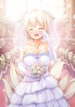  1girl alternate_costume animal_ears bare_shoulders blonde_hair blush bouquet breasts bridal_veil cleavage collarbone dress elbow_gloves flower fox_ears fox_tail gloves jewelry large_breasts multiple_tails necklace open_mouth oukatihiro petals short_hair smile solo tail tears touhou veil wedding_dress white_gloves yakumo_ran 