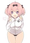  1girl blue_eyes bow hair_bow heart hibari_(senran_kagura) pink_hair sakofu senran_kagura senran_kagura_(series) smile solo symbol-shaped_pupils track_jacket twintails v 