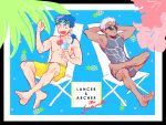  2boys ^_^ archer bare_shoulders beach_chair bikkusama blue_hair closed_eyes cocktail crossed_legs cu_chulainn dark_skin fang fate/stay_night fate_(series) highres lancer male_swimwear multiple_boys palm_tree sleeveless summer sunglasses swim_trunks tree white_hair 