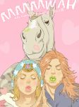  2boys blonde_hair brown_hair gyro_zeppeli horse johnny_joestar jojo_no_kimyou_na_bouken lipstick_mark multiple_boys puckered_lips steel_ball_run tanaka_kaori 