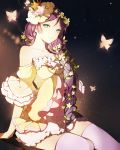  1girl aqua_eyes bare_shoulders breasts butterfly dress flower hair_flower hair_ornament long_hair looking_at_viewer love_live!_school_idol_project lp_(hamasa00) purple_hair smile solo thigh-highs toujou_nozomi vines 