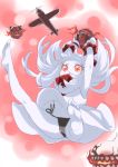  1girl airplane armpits arms_up barefoot black_panties breathing_fire feet fire horns kantai_collection long_hair mittens monster northern_ocean_hime pale_skin panties red_eyes sensen shinkaisei-kan soles solo toes underwear white_hair 