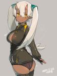  1girl 2015 ass black_gloves black_legwear black_panties blush breasts dark_skin dated fingerless_gloves gloves hair_ornament horns katsudansou large_breasts long_hair looking_back panties pointy_ears smile solo thigh-highs track_jacket twintails underwear white_background yellow_eyes zipper 