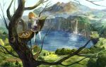  1girl bird_nest blonde_hair egg highres in_tree lake landscape mountain original plank rope_ladder sitting sitting_in_tree solo tamu_(tamurarucaffe1226) tree water waterfall 