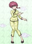  1girl 90s alternate_costume braid chinese_clothes clouds eyeshadow knees_together_feet_apart makeup ranma-chan ranma_1/2 redhead single_braid slippers solo violet_eyes wantan-orz 