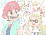  1boy 1girl :d blue_eyes collared_shirt company_connection crossover f.l.u.d.d. facial_hair fist_bump gloves hat height_difference highres inkling looking_at_another mario super_mario_bros. mustache nintendo open_mouth orange_eyes overalls pointy_ears shirt short_sleeves smile splatoon super_mario_bros. super_mario_sunshine super_soaker tentacle_hair water_gun white_gloves 