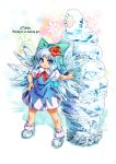  1girl blue_dress blue_eyes blue_hair bow cirno dress flower hair_bow hair_flower hair_ornament ice ice_wings looking_at_viewer puffy_short_sleeves puffy_sleeves shirt short_sleeves silver_hair soft_serve solo touhou umigarasu_(kitsune1963) wings 