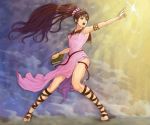  &gt;:o 1girl :o brown_eyes brown_hair circlet dress fire_emblem fire_emblem:_mystery_of_the_emblem goma_(goma-folio) legs light_rays linda_(fire_emblem) long_hair long_ponytail meteor_shower open_mouth pink_dress pointing ponytail sandals side_slit solo 