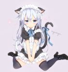  1girl alternate_costume animal_ears apron arms_between_legs artist_request black_legwear blue_eyes blush cat_ears cat_paws cat_tail enmaided frills hibiki_(kantai_collection) kantai_collection kemonomimi_mode long_hair looking_at_viewer maid maid_apron maid_headdress paws ribbon silver_hair simple_background sitting skirt solo tail tail_ribbon 