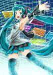  1girl detached_sleeves hatsune_miku headphones long_hair looking_at_viewer looking_back musical_note necktie open_mouth outstretched_arms pleated_skirt skirt solo thigh-highs treble_clef very_long_hair vocaloid watanore 