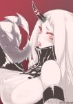  1girl breasts claws detached_sleeves eating horn kantai_collection large_breasts long_hair looking_at_viewer open_mouth pale_skin red_eyes seaport_hime sensen shinkaisei-kan sideboob solo tongue tongue_out white_hair 