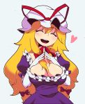  1girl commentary_request dress elbow_gloves gloves hat large_breasts mzh ribbon smile solo touhou upper_body white_gloves yakumo_yukari 