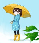  1girl alternate_costume black_legwear boots brown_eyes brown_hair commentary_request frog highres kaga_(kantai_collection) kantai_collection nakashino_setsu open_mouth ponytail rain raincoat short_hair side_ponytail solo umbrella younger 