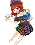  1girl bare_shoulders chain clothes_writing collar earth_(ornament) english hat hecatia_lapislazuli long_hair looking_at_viewer misha_(hoongju) moon_(ornament) multicolored_skirt red_eyes redhead shirt skirt smile solo t-shirt touhou 