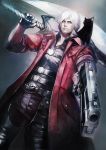  1boy animal_on_shoulder banpai_akira cat cat_on_shoulder closed_mouth coat cropped_legs dante_(devil_may_cry) devil_may_cry feet_out_of_frame gun handgun highres holding holding_gun holding_sword holding_weapon male male_focus open_coat over_shoulder red_coat sparda_(sword) standing sword sword_over_shoulder weapon weapon_over_shoulder white_hair zipper 