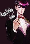  1boy birthday blue_eyes bowtie formal happy_birthday higashikata_jousuke jojo_no_kimyou_na_bouken meiji_(hakkahakka) pompadour purple_hair solo suit 