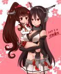  2girls black_hair breasts brown_eyes brown_hair cleavage dated headgear kantai_collection kobone long_hair looking_at_viewer multiple_girls nagato_(kantai_collection) navel pleated_skirt ponytail skirt smile translation_request yamato_(kantai_collection) younger 