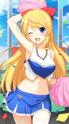  1girl absurdres arm_up armpits blonde_hair blue_eyes blue_sky breasts cheering cheerleader clouds confetti crop_top highres large_breasts long_hair midriff navel one_eye_closed open_mouth original pom_poms raiou shirt skirt sky sleeveless sleeveless_shirt smile solo sweat thigh-highs very_long_hair white_legwear zettai_ryouiki 