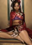  1girl absurdres animal barefoot brown_hair calico cat flower hair_flower hair_ornament highres japanese_clothes kimono long_hair looking_at_viewer original sitting tani_(sgt_epper) 