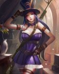  1girl armband belt caitlyn_(league_of_legends) flower gloves gun hand_on_headwear hand_on_hip highres kaze_no_gyouja league_of_legends long_hair looking_at_viewer purple_hair purple_hat solo thigh-highs vase violet_eyes weapon 