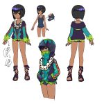  black_hair blue_swimsuit bob_cut character_sheet collarbone covered_mouth dark_skin facing_away green_eyes high_collar highres hood hoodie journey_to_the_west otosama sandals school_swimsuit sha_wujing short_hair skull_necklace swimsuit tied_sleeves 