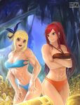  2girls abs bikini blonde_hair blue_hair breasts brown_eyes cleavage coin cowboy_shot crossed_arms earrings erza_scarlet fairy_tail gold highres jewelry long_hair lucy_heartfilia multiple_girls muscle one_side_up open_mouth paiple-r ponytail redhead strapless swimsuit treasure tubetop under_boob 