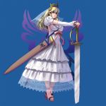  1girl blonde_hair breasts crown detached_sleeves dress drill_hair fantasy frilled_dress frills full_body green_eyes high_heels huge_weapon large_breasts long_hair masao payot planted_sword planted_weapon puffy_sleeves scabbard see-through sheath sideboob solo sword toes weapon white_dress 
