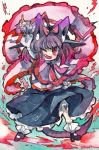  1girl animal_ears capelet cat_ears cat_tail fang frills hat hat_removed headwear_removed highres kusuke nagae_iku one_eye_closed pointing purple_hair red_eyes shawl solo tail touhou traditional_media watercolor_(medium) 