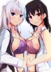  2girls black_hair bra breast_press breasts brown_hair holding_hands jewelry kanzaki_kureha large_breasts multicolored_hair multiple_girls necklace open_clothes open_shirt original panties red_eyes shirt silver_hair smile symmetrical_docking two-tone_hair underwear violet_eyes 