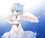  1girl angel_wings blue_eyes blue_hair dress ellipsis_(mitei) gradient gradient_background hair_ribbon light_particles looking_at_viewer mai_(touhou) open_hand puffy_short_sleeves puffy_sleeves raised_hand ribbon short_hair short_sleeves simple_background skirt_hold smile solo touhou touhou_(pc-98) white_dress wings 