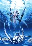  1girl absurdres airplane blue_eyes bodysuit boots bouquet choco covered_navel flower full_body headgear high_heel_boots high_heels highres leg_up long_hair mecha_musume payot small_breasts solo submerged underwater white_hair wreckage 