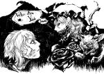  bat bat_wings blood cape english flower highres izayoi_sakuya locomon mob monochrome remilia_scarlet rose sharp_teeth split_face touhou wings 