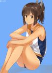  1girl bare_shoulders blue_background brown_eyes brown_hair i-401_(kantai_collection) isshiki_(ffmania7) kantai_collection one-piece_swimsuit ponytail sailor_collar school_swimsuit school_uniform serafuku short_hair sitting smile swimsuit swimsuit_under_clothes tan 