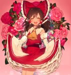  1girl ascot bow brown_hair closed_eyes curtsey detached_sleeves flower hair_bow hair_tubes hakurei_reimu highres long_hair long_sleeves misoni_comi open_mouth pink_rose red_rose rose shirt skirt skirt_set smile solo touhou wide_sleeves 
