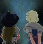  2girls alice_margatroid arms_behind_back blonde_hair bow capelet dark from_behind from_below hairband hands_on_hips hat kirisame_marisa kugi_(kugi-xiv) long_hair looking_up multiple_girls night night_sky short_hair sky star_(sky) starry_sky touhou upper_body witch_hat 