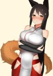  1girl animal_ears artist_request bare_shoulders blush breast_hold breasts brown_hair elbow_gloves fox_ears fox_tail gloves groin hair_ornament hairclip highres large_breasts long_hair looking_at_viewer orange_eyes original simple_background tagme tail very_long_hair 