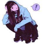  ! 1girl black_hair clothes_around_waist hand_on_own_head hime_cut hoodie ilya_kuvshinov long_hair looking_at_viewer original simple_background smile solo squatting white_background 
