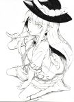  1girl absurdres blouse boots eating food fruit hat highres hinanawi_tenshi knee_boots long_hair monochrome neck_ribbon neropaso peach pinky_out popsicle ribbon seiza short_sleeves simple_background sitting sketch solo touhou very_long_hair white_background 
