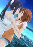  2girls black_hair brown_eyes brown_hair casual chin_grab dress eye_contact hibike!_euphonium incipient_kiss kousaka_reina long_hair looking_at_another multiple_girls oumae_kumiko outdoors ponytail short_hair shorts sky violet_eyes wavy_hair white_dress yuri 