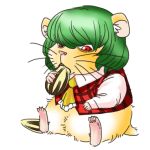  animalization ascot eating green_hair hamster hamster_ears kazami_yuuka locomon long_sleeves lowres plaid plaid_vest red_eyes seed short_hair simple_background sitting sunflower_seed touhou whiskers white_background 