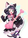  1girl ;d animal_ears bell black_hair bowtie cat_ears cat_tail curly_hair cyan_(show_by_rock!!) fang frilled_skirt frills green_eyes guitar headdress heart_guitar highres instrument looking_at_viewer ng_(kimjae737) one_eye_closed open_mouth short_hair show_by_rock!! skirt smile solo striped striped_legwear tail thigh-highs zettai_ryouiki 