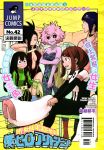  5girls ashido_mina asui_tsuyu black_hair black_sclera boku_no_hero_academia boots breasts center_opening choker cleavage copyright_name dressing front_cover highres horikoshi_kouhei horns jirou_kyouka jump_logo long_hair multiple_girls navel official_art open_mouth pink_hair plug purple_skin scan short_hair uraraka_ochako yaoyorozu_momo yellow_eyes 