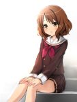  1girl blush brown_eyes brown_hair hibike!_euphonium looking_at_viewer open_mouth oumae_kumiko school_uniform serafuku short_hair sitting skirt solo toichi wavy_hair 