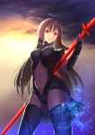  1girl absurdres breasts ccjn fate/grand_order fate_(series) gae_bolg garter_straps highres lancer_(fate/grand_order) pauldrons polearm purple_hair red_eyes solo sparkle spear weapon 