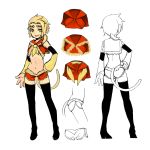  1girl ascot black_legwear blonde_hair boots character_sheet detached_sleeves fang fur_trim hair journey_to_the_west midriff monkey_tail navel otosama short_ponytail short_shorts shorts sun_wukong thigh-highs thigh_boots yellow_eyes 